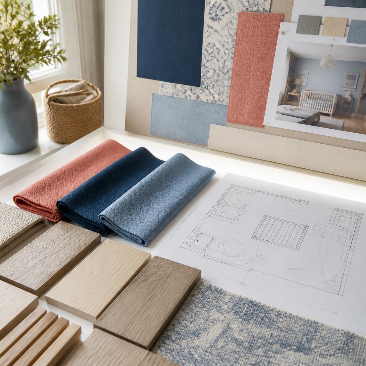 Échantillons de matériaux, textiles et plans d'aménagement d'une crèche