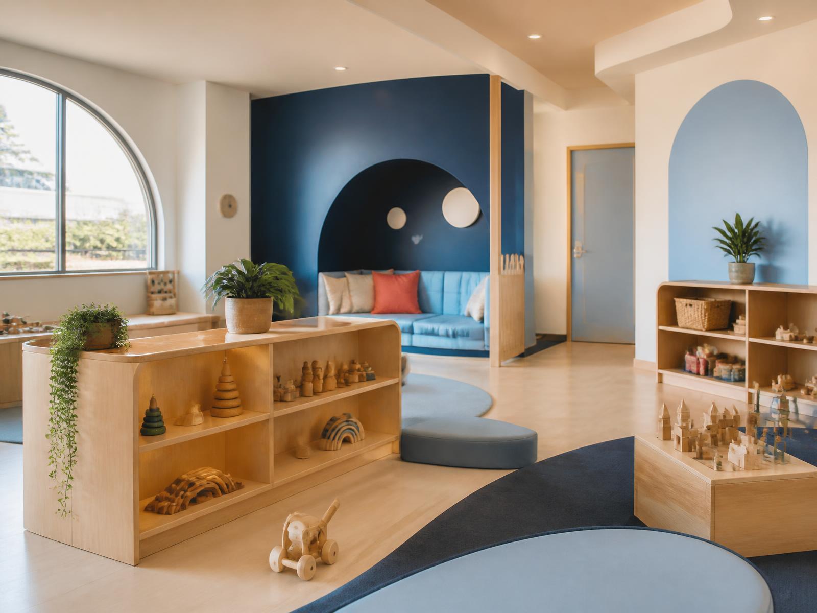 Espace d'éveil d'une crèche aménagé en bois clair et tons bleus